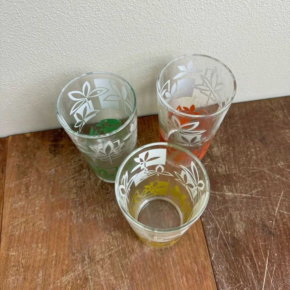 Set of 3 MCM Vintage Two Tone floral print drinking glasses yellow green orange‎